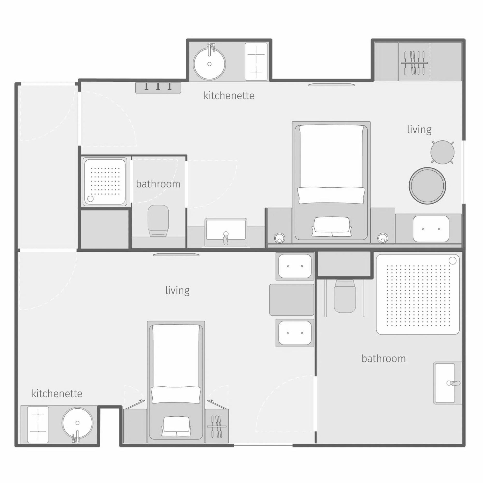 Zwei benachbarte Studio-Apartments für Familien